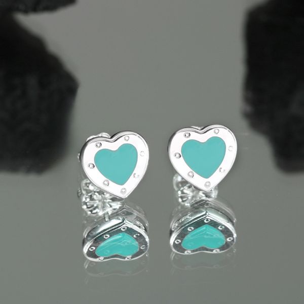 S925 STERLING Silver Love Küpe Stud Women Kız Tatlı Kalp Emaye Mavi Pembe Küpe Brincos Aretes Oorbellen Lüks Marka Tasarımcı Küpeler Kulak Yüzük Takılar