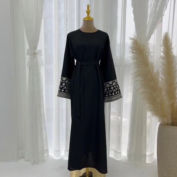 Roupas étnicas bordando linho de algodão fechado abaya vestido longo muçulmano abayas para mulheres dubai luxo peru ramadã islâmico kaftan manto