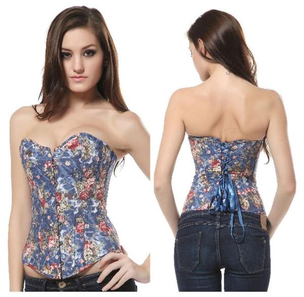 Vintage Floral Corset Denim Lace Up Back Back Back Corsotes Overbust Clubwear Top Bustier Corselet Plus Size S M L XL XXL4224460