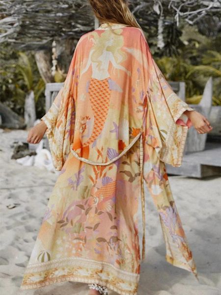 Kadınlar elbise kapağı v yaka bornoz tavus kuşu baskı kimono ince ceket moda üstleri yaz plajı bohemya tatil giyim 2024