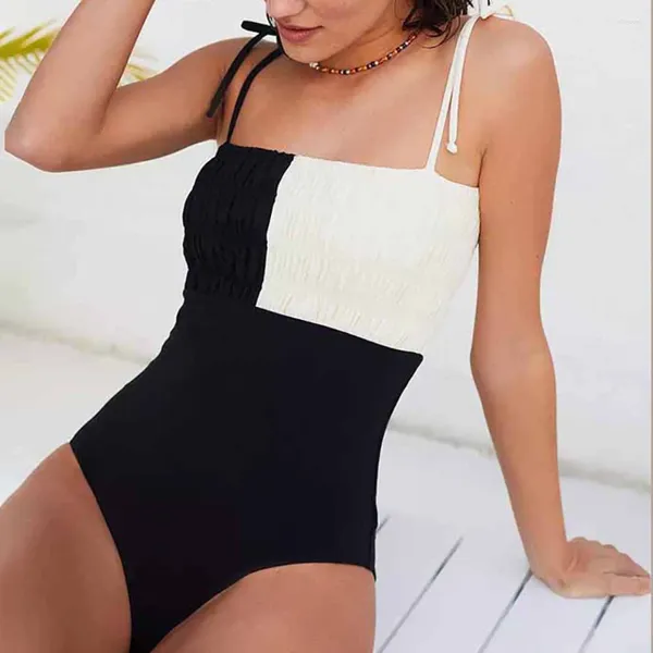 Suspeu de calça de banho feminina em preto e branco Suspender Swimsuit Retro Squtr Strap Biquini Biquíni Sexy Slim 2024