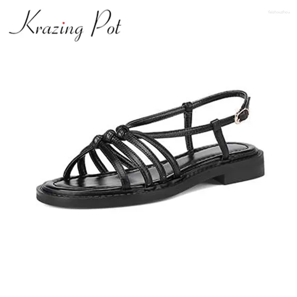 Sandali krazing cuoio cuoio in pelle base stile etnico stile giovane donna leisure sbirciata tie decorazioni basse tacchi da donna