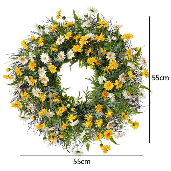 Flores decorativas grinaldas 22 corajas amarelas de coroa de coroa de seda Floral de seda falsa com eucalipto verde folhas para a porta da porta da frente decoração da fazenda da parede