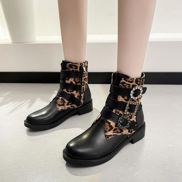 Boots 2024 Autumn tornozelo retro leopardo impressão de salto baixo zíper curto para mulheres Botas de Mujer