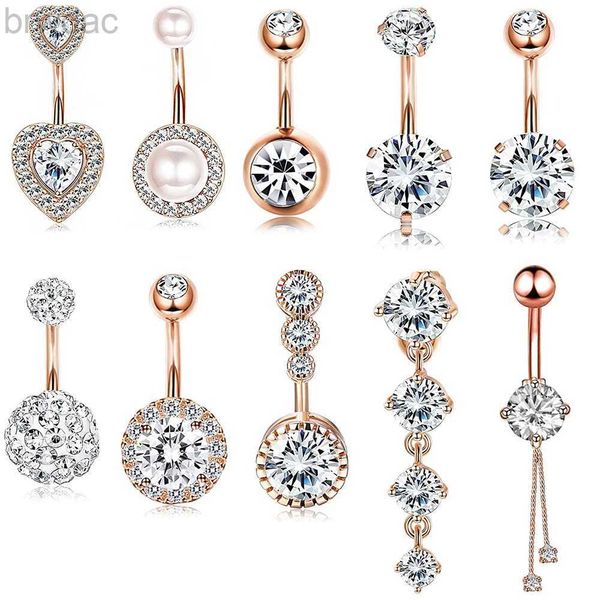 Anelli dell'ombelico 14g Doppio rotondo zirconia cubica Oreille 4 Crystal CZS Bully Pulsini anelli 316L Acciaio chirurgico Belly Piercing Woman Body Gioielli D240509