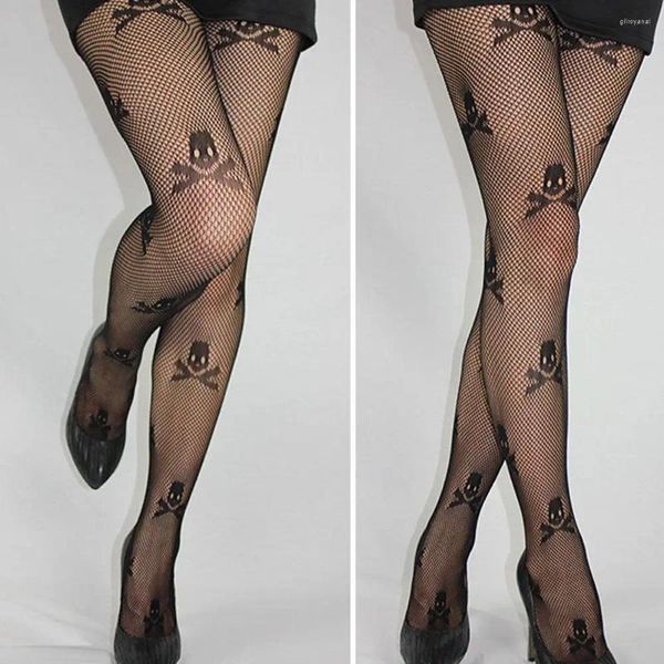 Donne calzini neri sexy Lady stocks cranio stampato Tigh collatyhose elegante retrò jacquard backside linea inglese lettere lettere tatuaggi