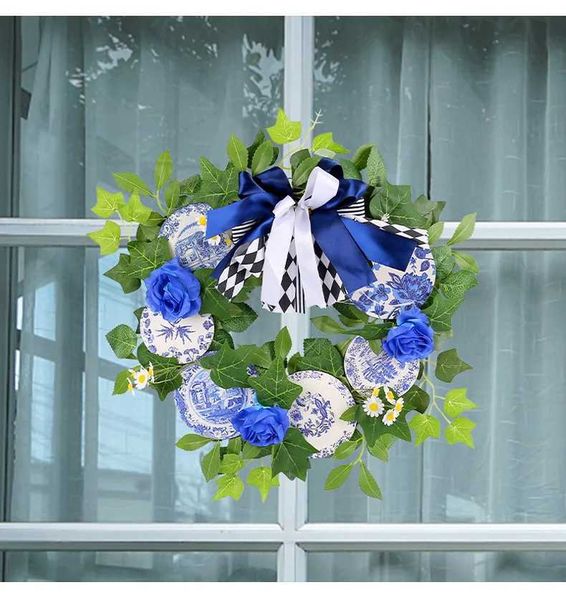 Flores decorativas grinaldas de porcelana azul e branca Withred Garlands Decoração de casa Decoração Artificial Flor para decoração de casamento