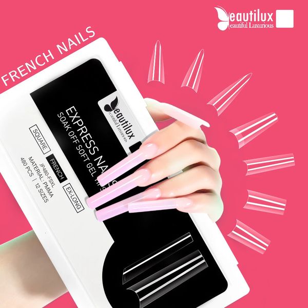 Beautilux French False Nails XL XXL Immergiti in gel TIPS COPERTURA ACRILICA Stiletto Ballerina Pressa su unghie American Capsule 240509