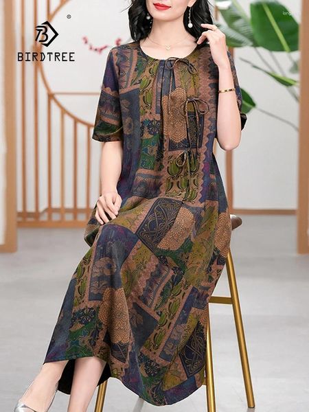 Vestidos de festa Birdtree Real Silk Xiangyunsha Mulheres de manga curta temperamento impresso VINTAGE VINTAGEM 2024 SUMMER D44427QC