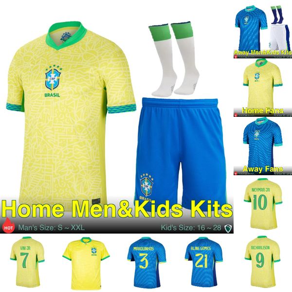 2023 2024 Jerseys de futebol do Brasil da Copa da América Neymar L.Paqueta Vini Jr.23 p.coutinho richarlison futebol camisa G.Jesus T.Silva Pele Casemiro Homens Mulheres Crianças Conjunto Jersey