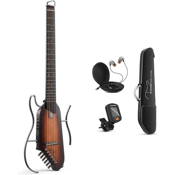Donner Hushig Guitar per viaggi, performance portatili ultra-luce e silenziose, chitarra elettrica acustica senza testa con corpo in mogano, cornici rimovibili, borsa da gigo