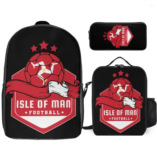 Pôster de futebol de mochila Isle of Man para venda 3 em 1 conjunto de 17 polegadas de lanchonete caneta de infantaria durável
