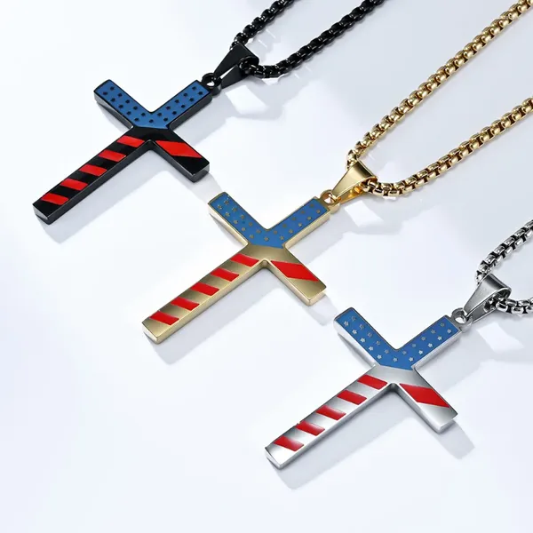 Colares pendentes MEGIN D Aço inoxidável Titânio dos EUA Flag National Cross Hip Hop Collar Chans Colar para homens Mulheres Casal Jóias de presente
