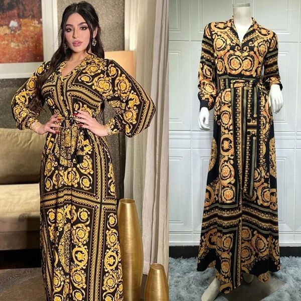 Roupas étnicas Mulheres impressas de manga longa vestido maxi vestido muçulmano abaya colar de lapela colar