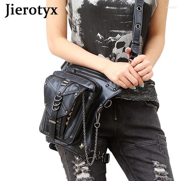 Bolsas de cintura jierotyx retrô steampunk rebite feminino saco de cinto de perna gótico mensageiro de couro fanny pack holster drop ship