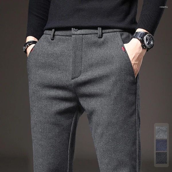 Calças masculinas de tecido escovado de inverno homens casuais de espessura coreia corea slim fit amargo cinza azul preto calça masculino 38