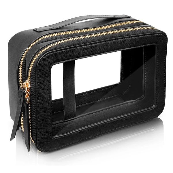 Borsa cosmetica a doppia faccia trasparente Gold Zipper Pu Saffiano in pelle Transparente Transup Travel Palester Borse 240429