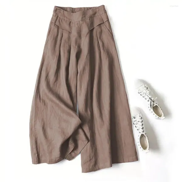 Calça feminina de verão cintura elástica casual no meio da perna larga calça longa calça de cor sólida bolsos finos Culottes diariamente lazer ioga calça