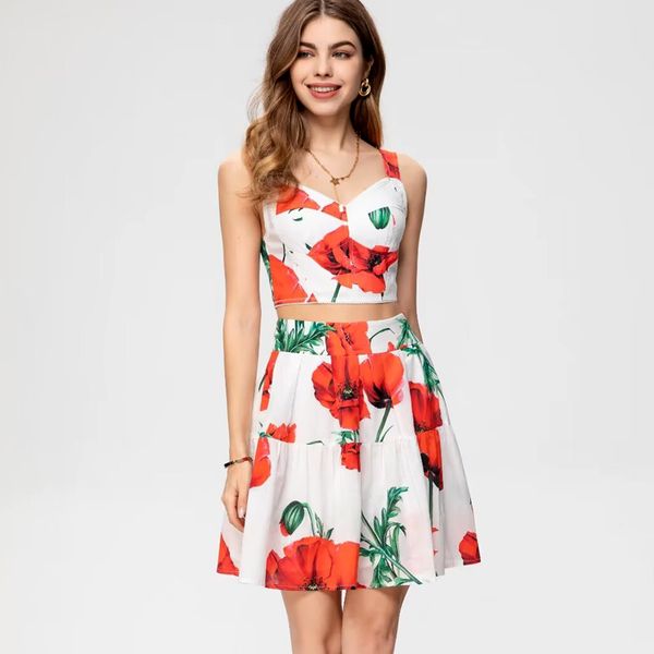 Frauen Runway Designer zweiteilig gedrucktes Blumendröte mit Röcken Mode Casual Twinset Sets