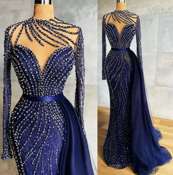 Plus Size Arabisch ASO EBI Navy Blue Luxuriöses Abschlussballkleider Perlen Mermaid Lace Abend formelle Party zweite Empfangskleider Kleid BC10936