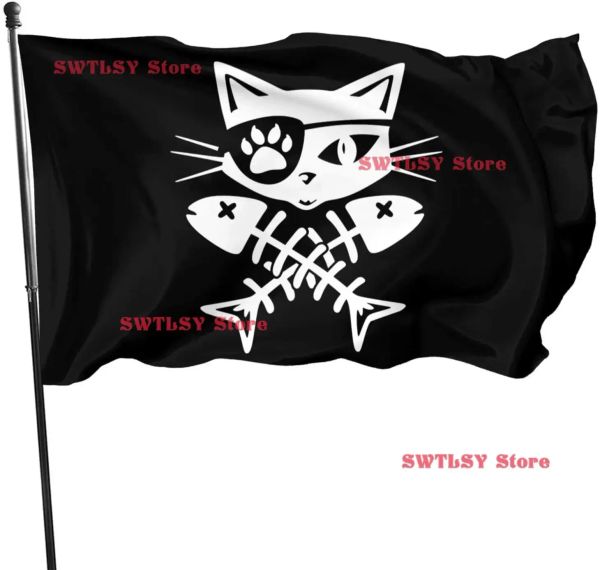 Bandeiras pirata crânio de gato e bandeira de osso cruzado 35 pés viajando vívida e desaparecida bandeira de poliéster engraçado