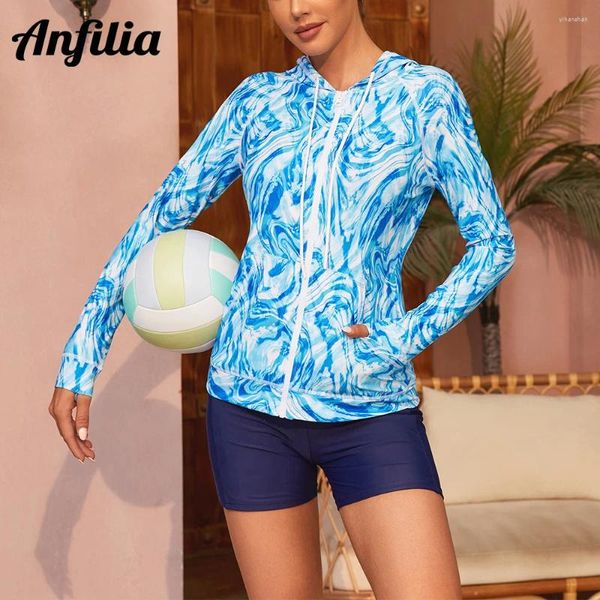 Menas de banho feminina Anfilia Mulheres Rash Guard Upf 50 Tie-Dye Zipper Mangas compridas Capuzes surfando impressão floral rápido camisa macia macia