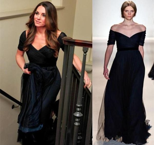 Vestidos de noite de Kate Middleton Jenny Packham azul marinho Uma linha Off ombro Vestidos de noite de manga curta Party de celebridade gow4478916