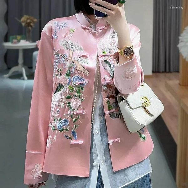 Jaquetas femininas Retro Beautiful Primavera e Bordado de Autumn Blusa de camisa de estilo nacional chinês Longo