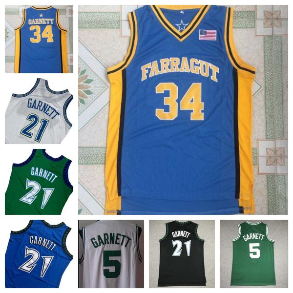 Jerseys de basquete de Farragut Retro Kevin 21 Garnett 5 34 uniforme uniforme preto azul branco verde costure -me camisa azul de camisa costurada