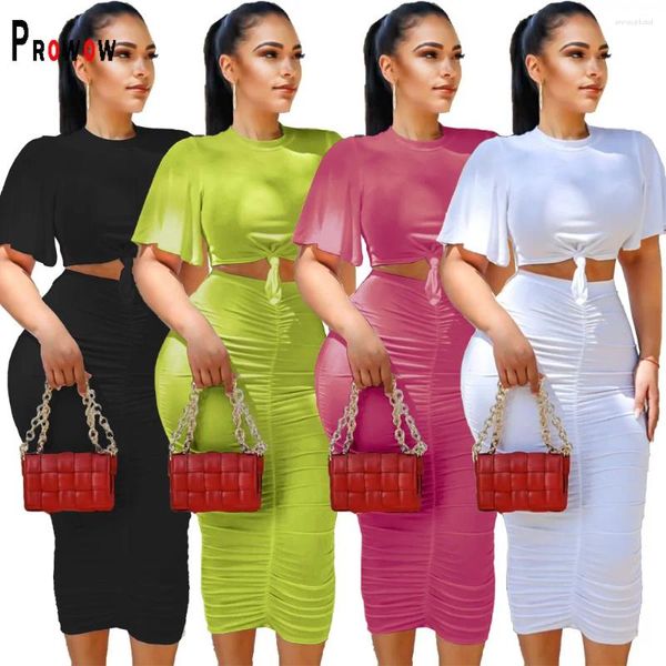 Vestidos de trabalho Prowow feminino roupas de manga curta dobras maxi saia de duas peças de verão coloração sólida maiô 2024 conjuntos de roupas de jupes