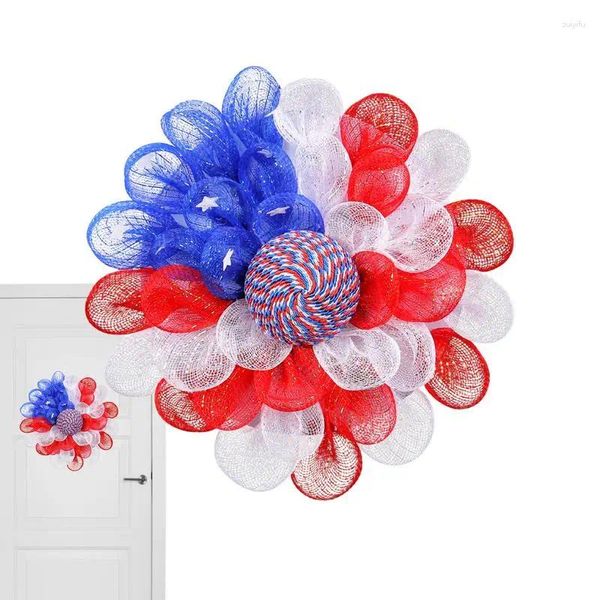 Flores decorativas 4 de julho de coroa patriótica Decorações da frente Memorial Day Orgulho Verão Vermelho Branco e Azul