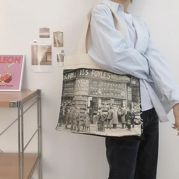 Umhängetaschen Frauen Leinwand Tasche Foyles Buchhandlung Frauen extra große Bücher Retro po drucken Handtasche Dicke Tasche Damen Einkaufen