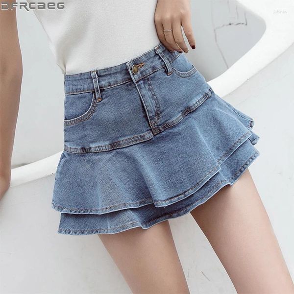 Scherma Streetwear Streetwear Micro Mini Denim Donne Summer High Waist Ruffles Short Jupe Jean Femme Blue White School Skirt Skirt