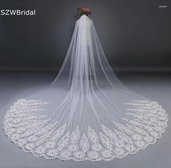 Brautschleier Ankunft White Elfenbein Kathedrale Hochzeit Perlen Spitzenschleier Braut Accessoires dentelle Mariage Voile Mariee