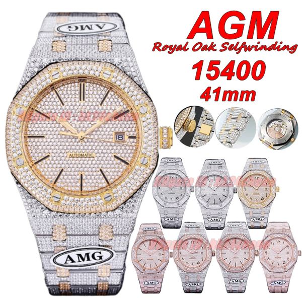 One Luxury Uhren AMG 15400 Selbstwinkeling 41 mm voll gefrorener Diamanten 3120 Automatische Herren Watch Pave Diamond Dial 18k Gold Zwei-Tone-Armband Gents Armbanduhr
