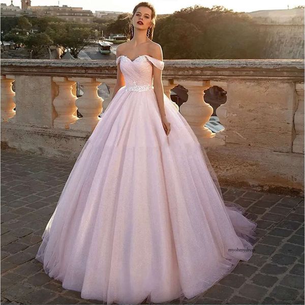 Vestidos de noiva rosa Princesa Ball fora do ombro Ruched Tulle Skirt Corset Back