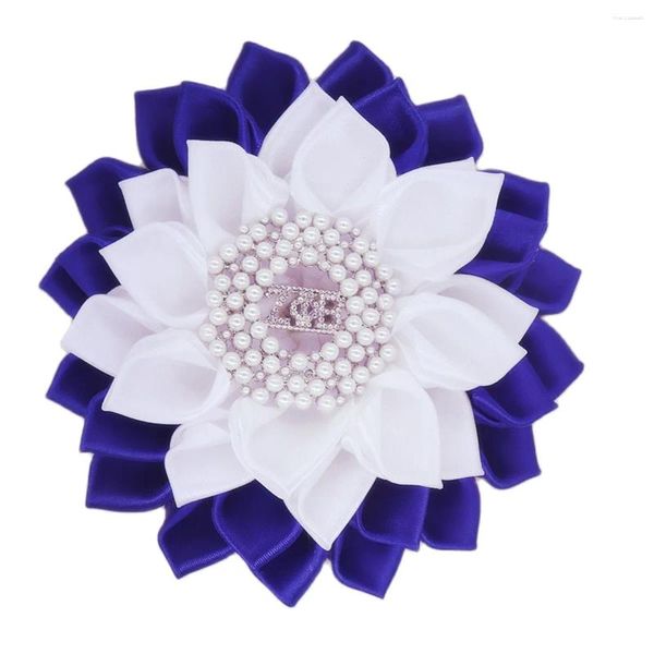 Broschen Schulterdekor Feste weiße königliche blaue Seidenband Blume Corsage Perle Griechisch Social Zeta Phi Beta Brosche Pin für Dame