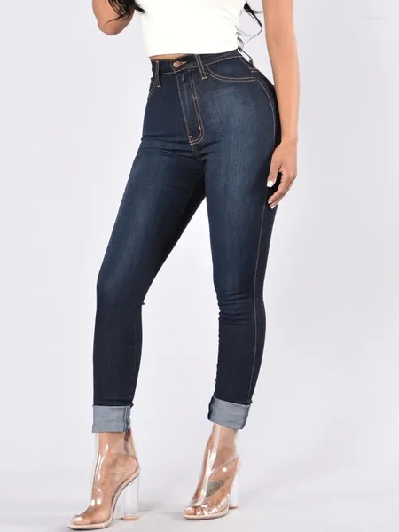Jeans primaverile elasticità sottile elasticità da donna magra Europa in vita alta pantaloni a matita Mujer Casual Blue Deep Vintage Plaid D