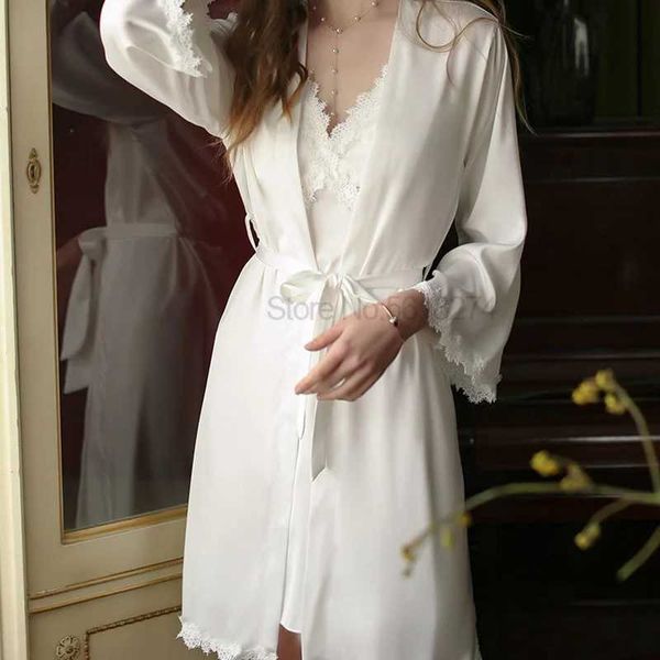 Женская халата белые женщины кружевное костюм для одежды с двойной одеждой с ремешками для ночной рубашки сексуальная перспектив