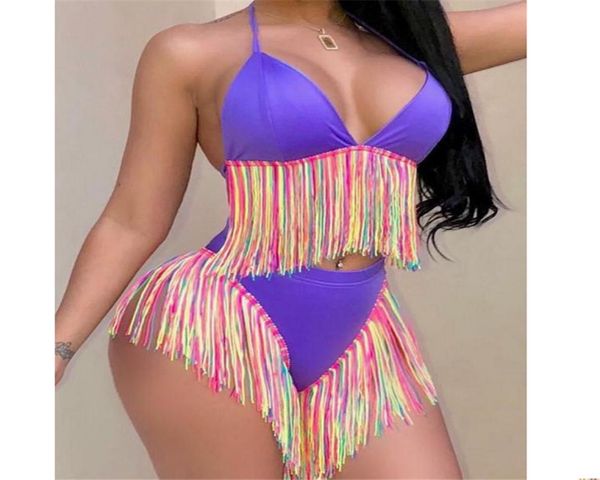 Bikinis Womenwearwearwearwarwarde de cintura alta maiô espaguete com tira de borla Twopance Ferited Terno de banho retrô de plataforma plus sizewar