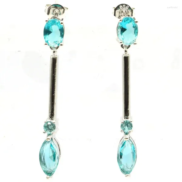 Dangle Ohrringe 40x5mm fantastische lange, reichhaltige blaue Aquamarine London Topaz Schmuck für die Hochzeits Silber der Frau