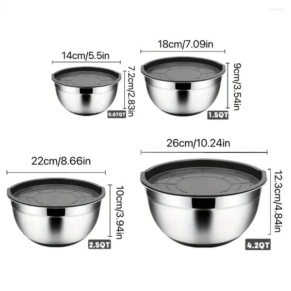 Bowls Chef's Mixing Bowl mit luftdichtem Deckel 4 Edelstahl -Metallnistgrößen 4,2 2,5 1,5 0,67 QT (schwarz) Set