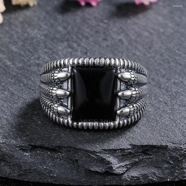 Ringos de cluster 925 anel de jóias de prata esterlina Natural 8 10mm Garra quadrada Big Black Agate Stone Vintage para mulheres Presentes de festa