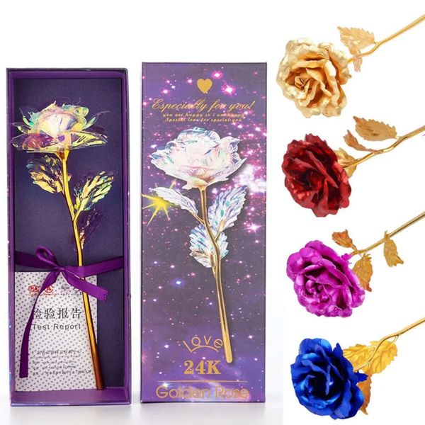 Flor de flor romântica de papel romântica Gold piscando luminoso artificial Golden Rose Dia da Mãe do Dia dos Namorados Decoração de casamento Valentário com caixa pt