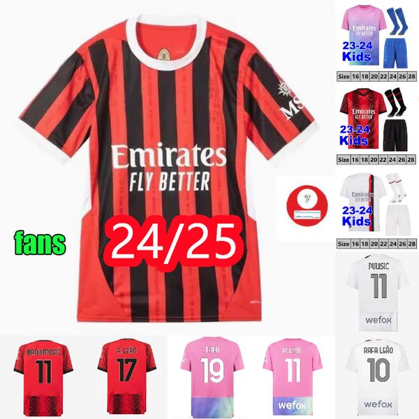 23 24 25 MILANS REIJNDERS Giroud Jerseys de futebol Pulisic Theo reijnders 2023 2024 Camisa de futebol AC Romagnoli rafa leao S.castillejo Men Kit Kit Uniform fãs jogadores de fãs jogadores