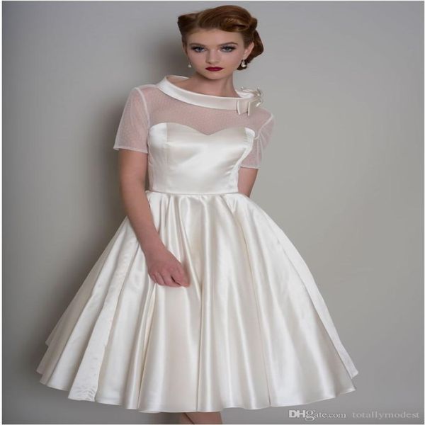 Knielange Vintage kurze Brautkleider mit kurzen Ärmeln hoher Nacken und Rücken 50er -Jahre informeller Brautkleider maßgeschneiderter Verkauf 258i