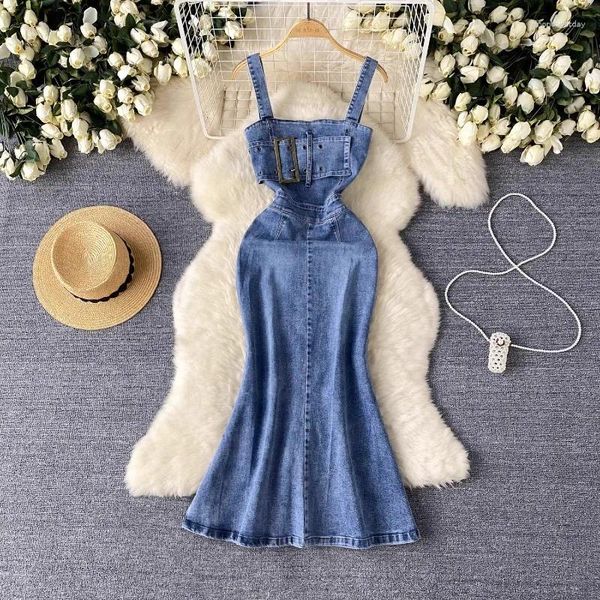 Vestidos casuais espaguete jeans de cinta para mulheres corda cinto de pescoço vestido magro plissado verão versátil fêmea vestidos