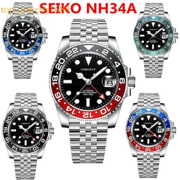 Fones de ouvido NH34 Mecânica Wristwatch 10Bars GMT Watch Corgeut Brand Brand Jubliee Sapphire Glass Swim Men Watches Luminous Relloj Hombre