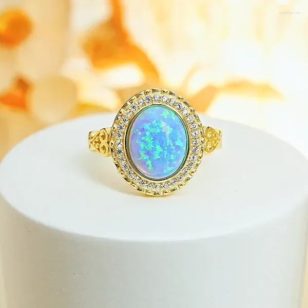 Anéis de cluster 2024 925 Silver Blue Opal Aobao Oval Anel de moda vintage Conjunto com jóias de casamento de alto estilo de diamante de carbono