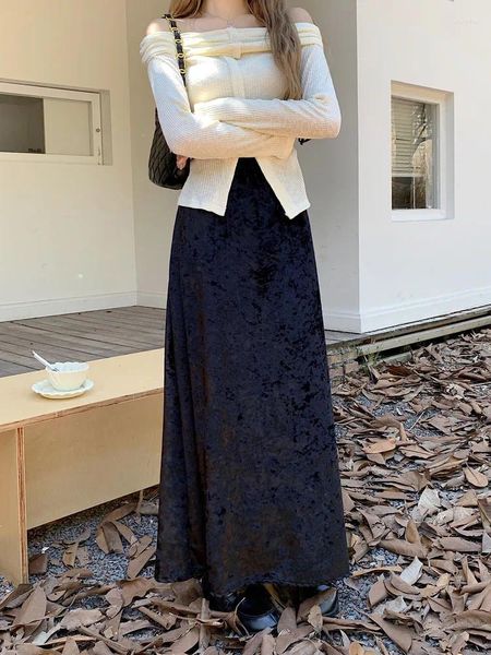 Gonne donne con stampa solida elastica elastica in giro versatile slim wrappy skirt 2024 autunno a autunno a linea elegante in velluto elegante lungo coreano Y2K